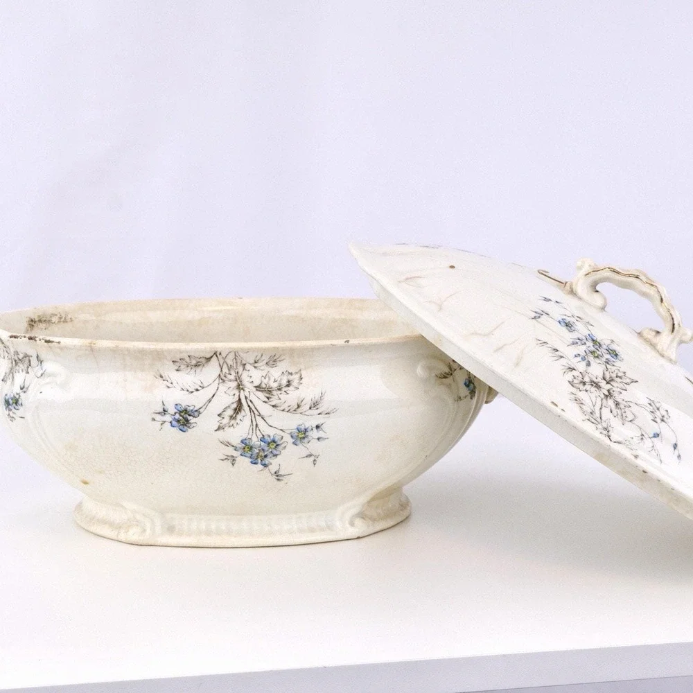 Antique White Ironstone Soup Tureen with Lid - Blue Floral, Hand Signed Base